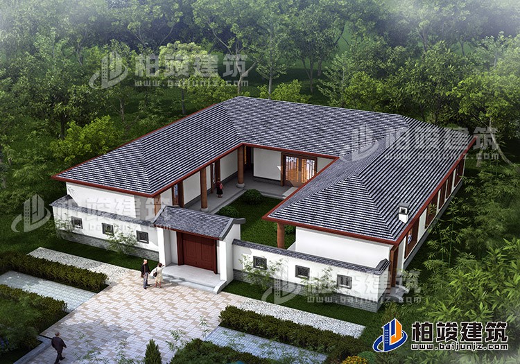 中式三合院平房設計圖及效果圖、施工圖BZ168-新中式風格