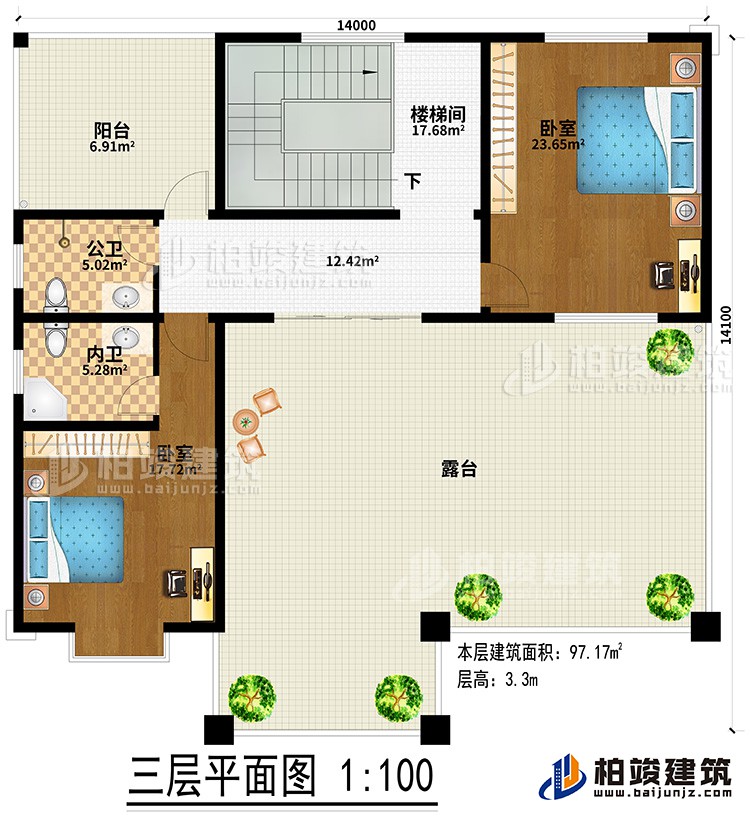 三層：2臥室、樓梯間、公衛、內衛、陽台、露台