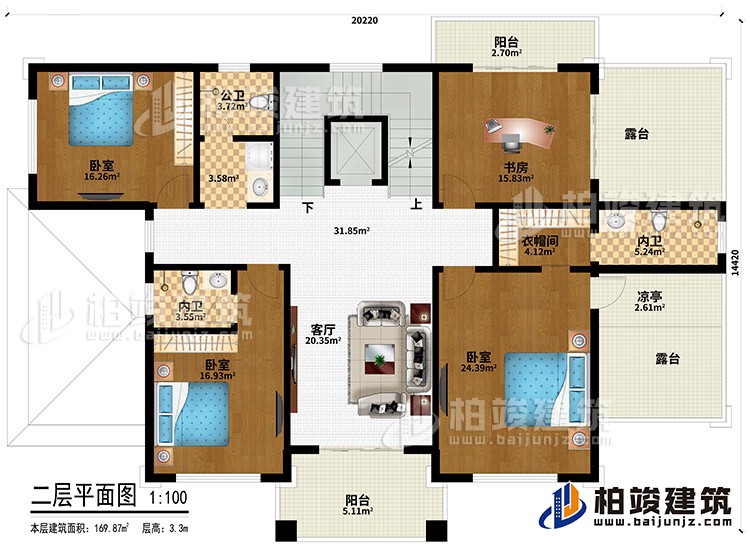 二層：3臥室、衣帽間、2內衛、公衛、客廳、書房、衣帽間、2陽台、2露台、涼亭