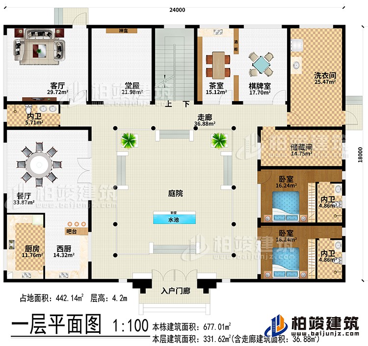 一層：入戶門廊、水池、影壁、庭院、走廊、西廚、廚房、餐廳、吧台、客廳、堂屋、神龕、茶室、棋牌室、洗衣間、儲藏間、2臥室、3內衛