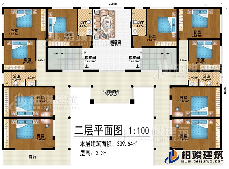 二層：起居室、2樓梯間、過廊/陽台、10臥室、2內衛、2公衛、2露台