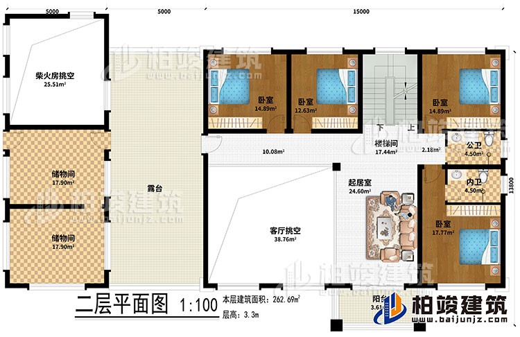 二層：起居室、樓梯間、2儲物間、客廳挑空、柴火房挑空、4臥室、公衛、內衛、露台、陽台