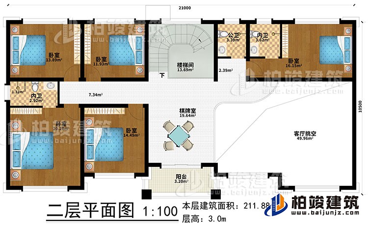 二層：棋牌室、樓梯間、5臥室、2內衛、公衛、客廳挑空、陽台