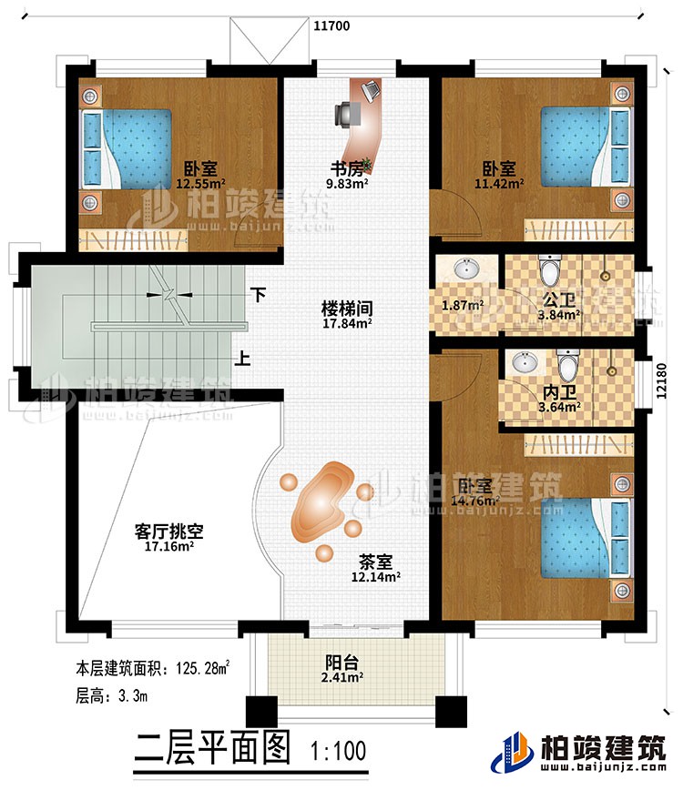 二層：樓梯間、書房、茶室、客廳挑空、3臥室、公衛、內衛、陽台