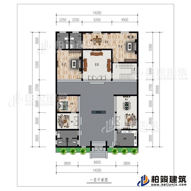 一層：廚房、2客廳、餐廳、公衛、3臥室、影壁牆、堂屋、書房、2內衛