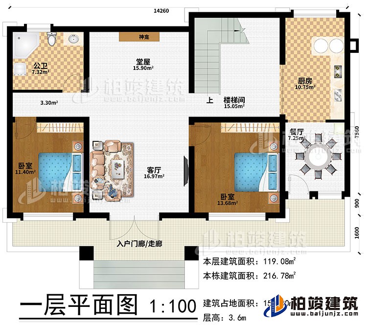 一層：入戶門廊/走廊、客廳、堂屋、神龕、樓梯間、廚房、餐廳、2臥室、公衛