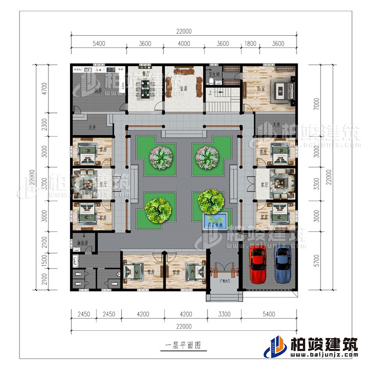 一層：廣亮大門、車庫、書房、公衛、7臥室、2客廳、餐廳、廚房、堂屋、2天井、內衛、荷花魚池