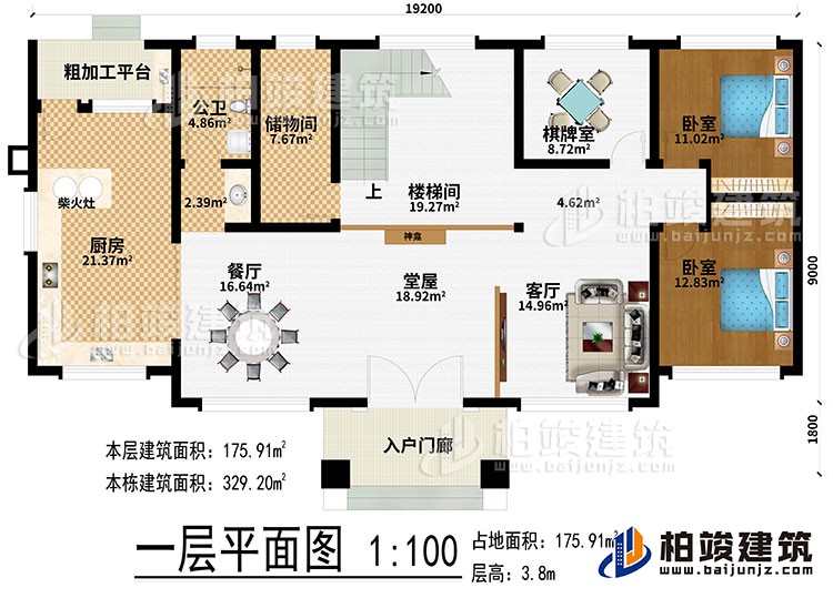 一層：入戶門廊、堂屋、神龕、客廳、餐廳、廚房、柴火灶、粗加工平台、儲物間、樓梯間、棋牌室、2臥室、公衛