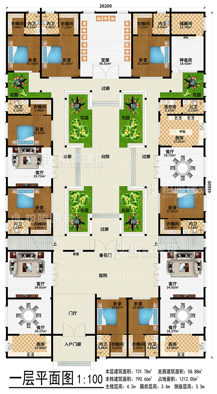 一層：入戶門廊、門廳、3餐廳、3廚房、3客廳、堂屋、神龕、神龕房、儲物間、6花園、4過廊、2庭院、影壁、垂花門、中島、洗衣房、公衛、8臥室、8衣帽間、8內衛
