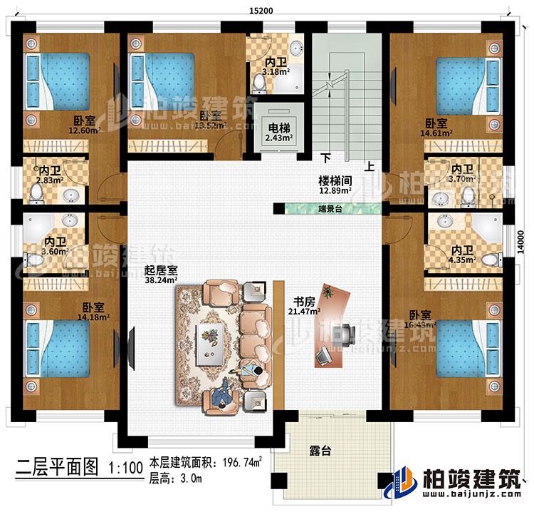 二層：樓梯間、端景台、起居室、書房、5臥室、電梯、5內衛、露台