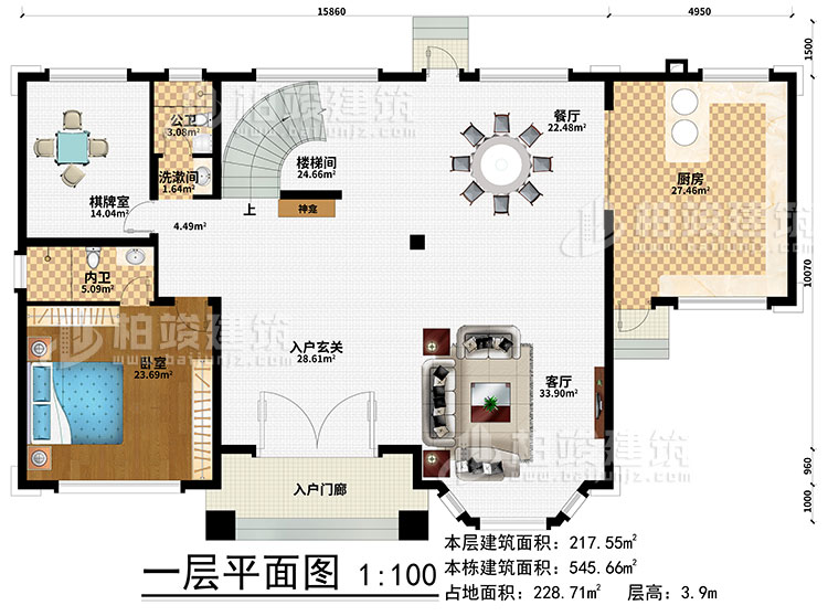 一層：樓梯間、3臥室、衣帽間、公衛、內衛、陽光房、涼亭、2露台