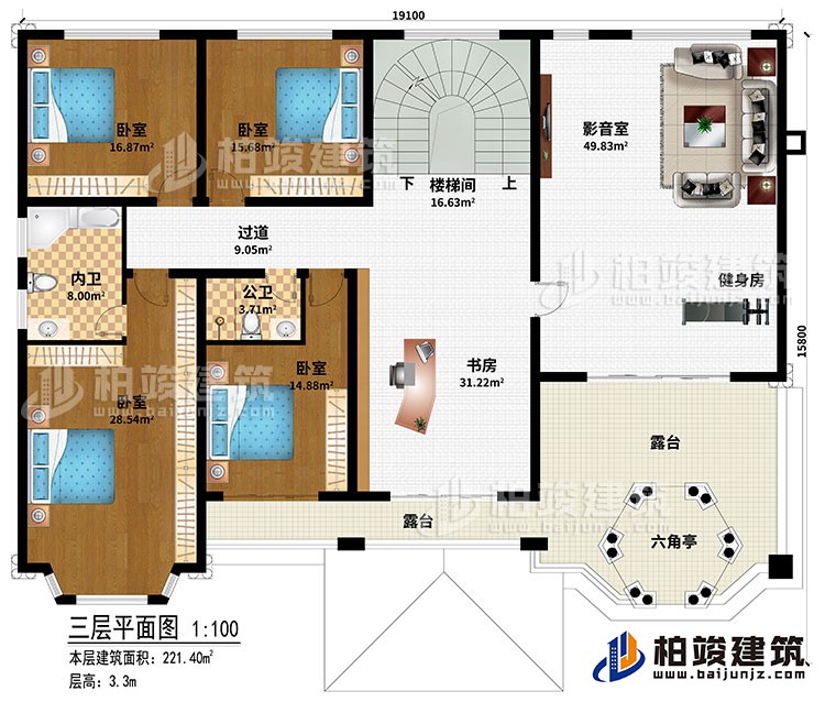 三層：樓梯間、書房、過道、4臥室、公衛、內衛、影音室、健身房、2露台、六角亭