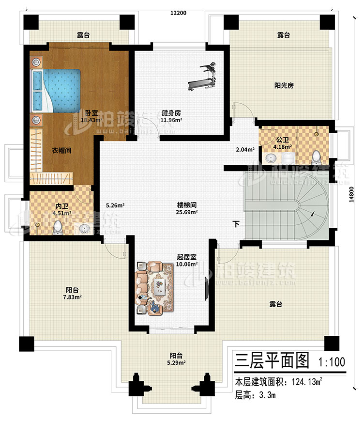 三層：起居室、樓梯間、健身房、陽光房、臥室、衣帽間、內衛、公衛、2陽台、3露台