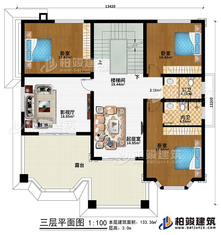三層：樓梯間、起居室、影視廳、3臥室、公衛、內衛、露台
